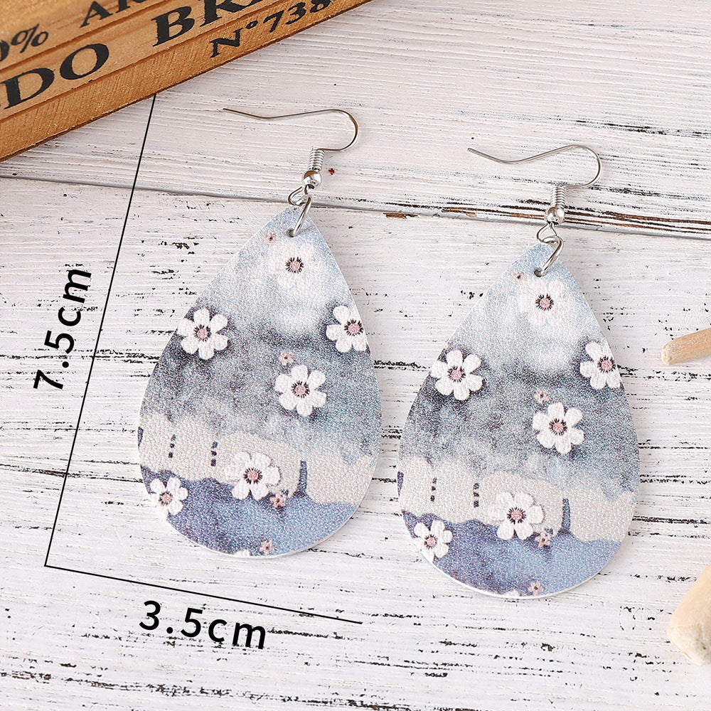 Wholesale Fresh leaf flower leopard print feather earrings leather drop earrings